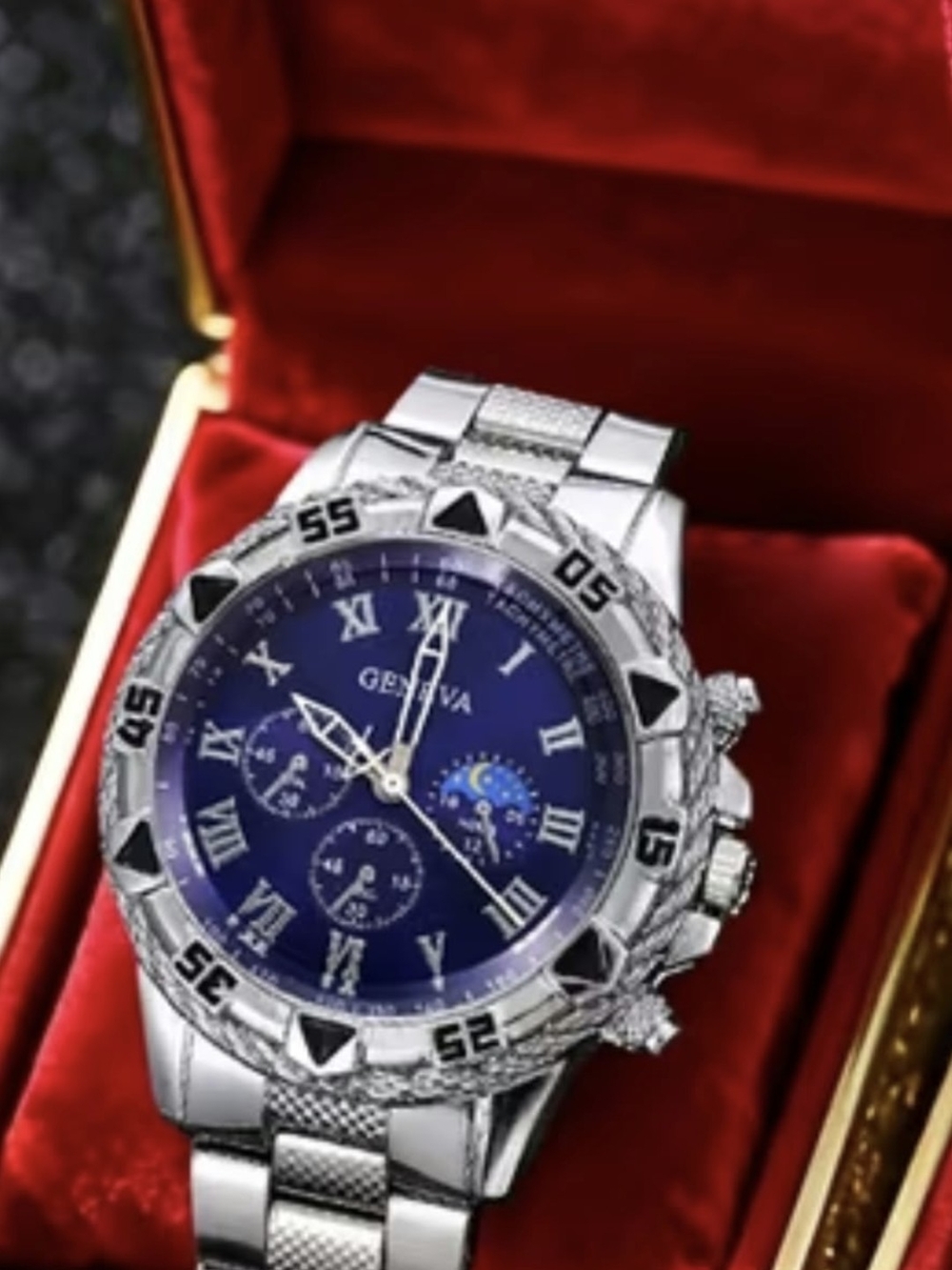 Geneva Men's Silver Watch with Blue Dial and Roman Numerals